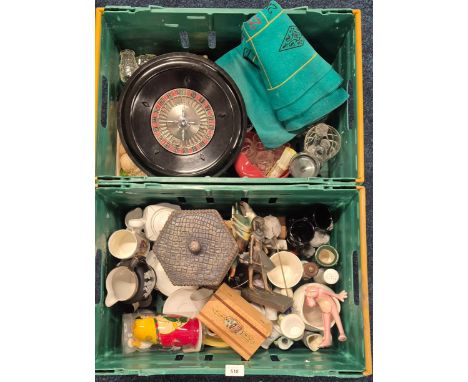 Two Crates of collectables; Casino Roulette, Russian jewel box, Hadeland Norway bear sculpture, Levi Strauss & Co 1989 crysta