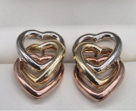 9ct three tone gold earrings. Heart shaped. 5.15grams. 