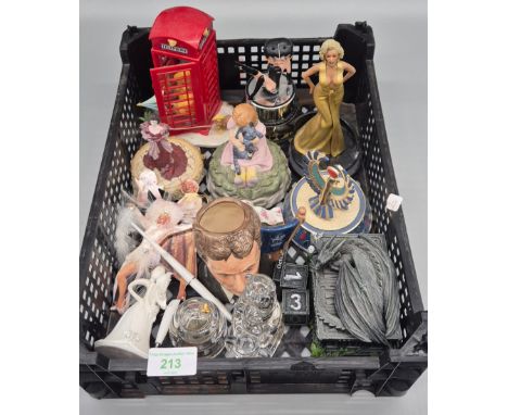 Crate of collectables; Betty Boop perfume bottle, Maryln Monroe collectables &amp; other items.