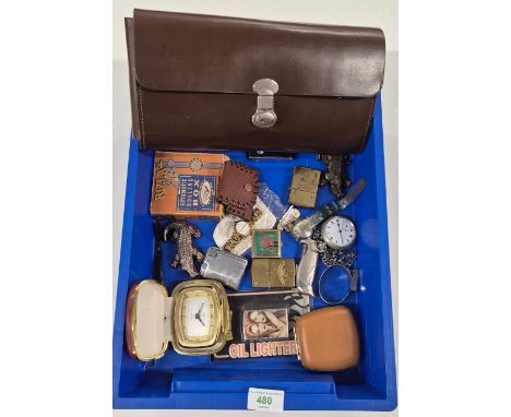 Tray of collectables; Gent's travelling kit, Ronson lighters, pocket watch and travel clocks.