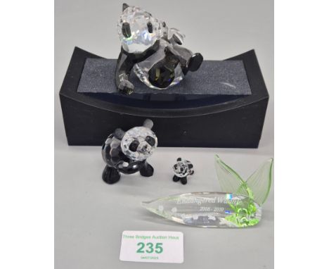 Collection of Three Swarovski Crystal Pandas figures &amp; Endangered Wildlife Crystal plaque 