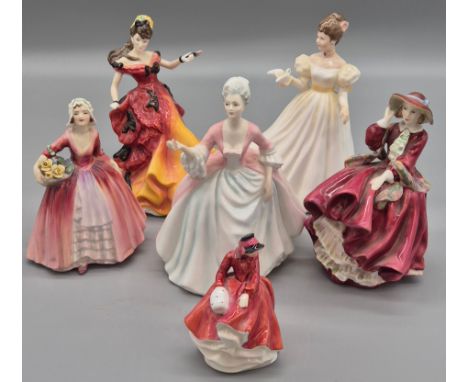 Collection of Six Royal Doulton Figurines; Kathleen, Emma, Top o the hill, Janet, Belle Signed to base and Diana Signed to ba