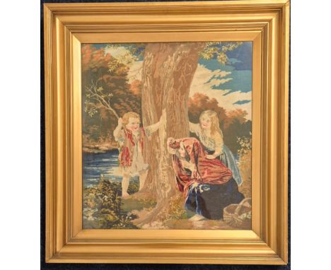 19th century framed tapestry depicting children by a tree. Fitted within an antique gilt frame. Frame-78x72cm. 