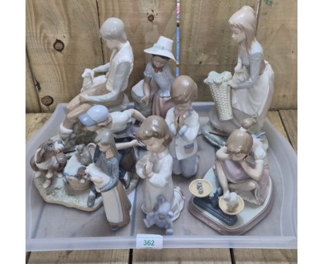 Collection of porcelain Lladro &amp; Nao Figurines; Lladro girl with scales, Lladro boy with dogs, Lladro girl praying, Nao g
