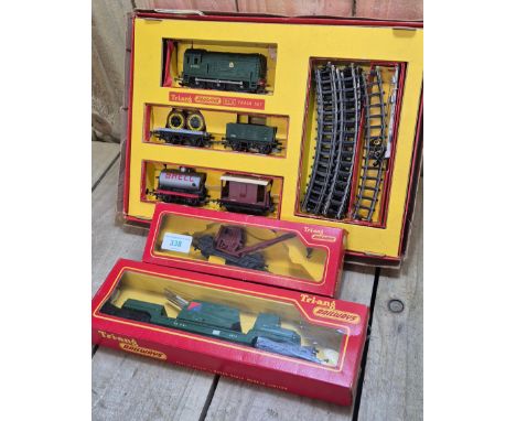 Tri- Ang Railways set and two boxed Train carts. Crane Truck &amp; Rocket Launcher. 