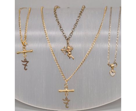 Selection of 9ct yellow gold; bracelet fitted with a heart shaped pendant. Belcher chain fitted with a cherub pendant. Curb n