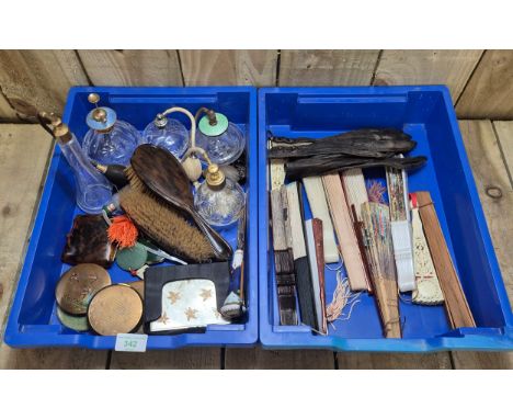 Crate of collectables; Atomisers, jade pendant and compacts. Royal Worcester letter openers, Chinese scent bottle with interi