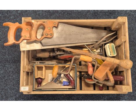 Crate of vintage tools; Record plane, saws, hand drills with various others.