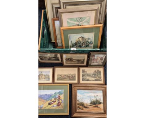 Collection of art works; Mike Morton Coastal scene, Stag scene print, Engraving of fisherman, Town scene picture &amp; many m
