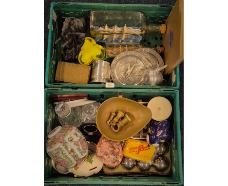 Two Crates of Collectables; Spelter Marley horse figure, Ship in bottle, Bradford Exchange combat aircraft Pewter plates, Fre