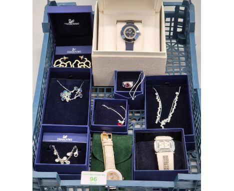 Collection of Swarovski crystal jewellery; Watches, earrings, necklace and earrings. Small figural charm and ring.