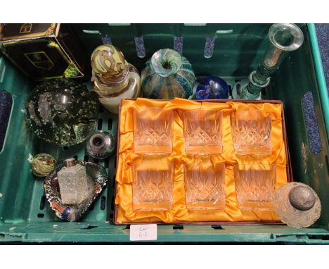 Two crates of Art glass and crystal wares; Large Victorian dump paperweight, Boxed set of six Edinburgh crystal whisky drinki