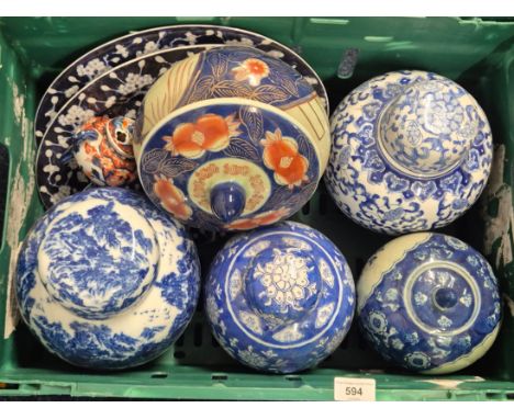 Crate of Asian ceramics; selection of Reproduction blue and white temple jars and platters 