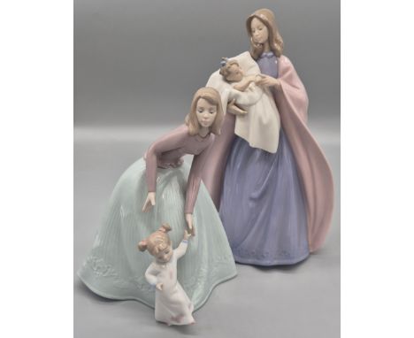 Two Large Spanish Porcelain Nao by Lladro figurines; Mother and Child figurines. 