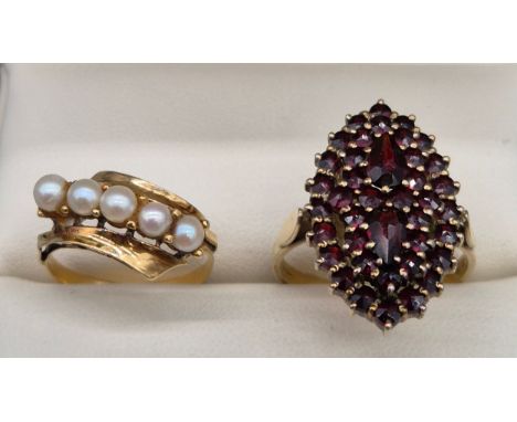 Two Foreign yellow gold rings; Gold ring fitted with a cluster of garnet gem stones- Ring size R. Together with gold ring fit