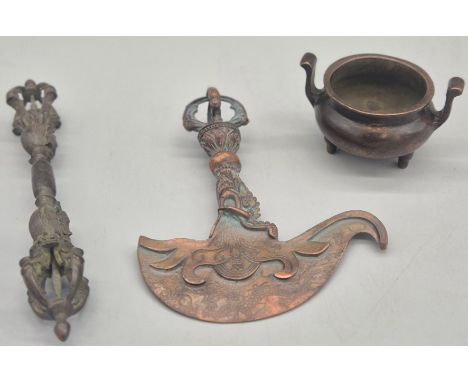 Selection of Chinese items; Bronze Incense Burner, Ceremonial item &amp; other item