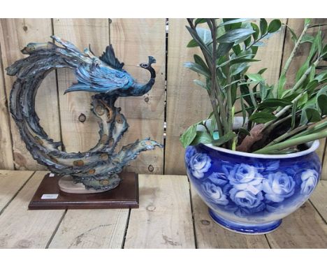 Plant pot and peacock sculpture; Unsigned Peacock Sculpture on plinth- as found &amp; Cresent Rose pattern planter. 