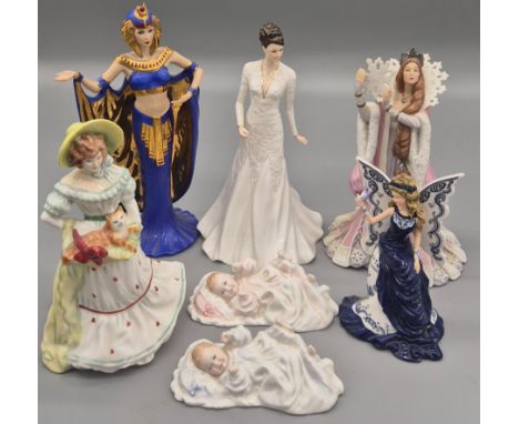 Selection of porcelain Collectables; Cleopatra, Coalport Happy birthday, Royal Doulton Jane, Royal Doulton New baby figures a