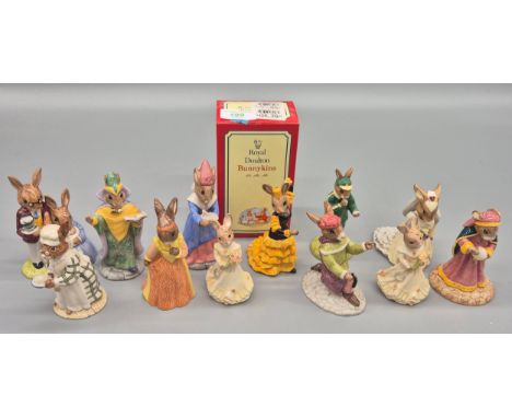 A Selection of twelve Royal Doulton bunnykins figurines; Mystic, stop watch, bridesmaid, flamenco signed to base, cook, sundi