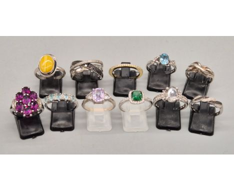 Collection of eleven 925 silver and gem stone rings; Pink stone cluster ring fitted with diamond shoulders. White and black d