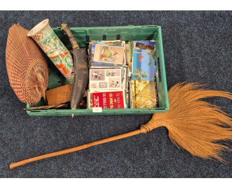 Crate of collectables; Large selection of postcards, fans, Gurkha knife Chinese vase.