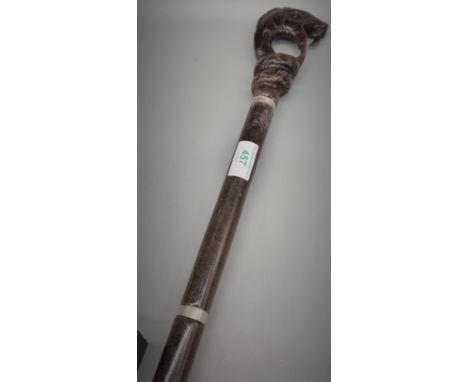 Carved Snake Head Walking stick with Marked Silver mounts