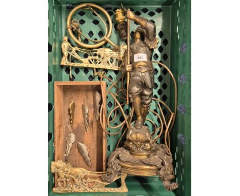 Crate of collectables; Heavy spelter figural lamp, Burns horse and plough sculptures and other items