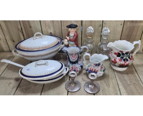 Selection of collectables; Silver candle sticks, Pair crystal decanter, 19th century character toby jug, Water jugs and Servi
