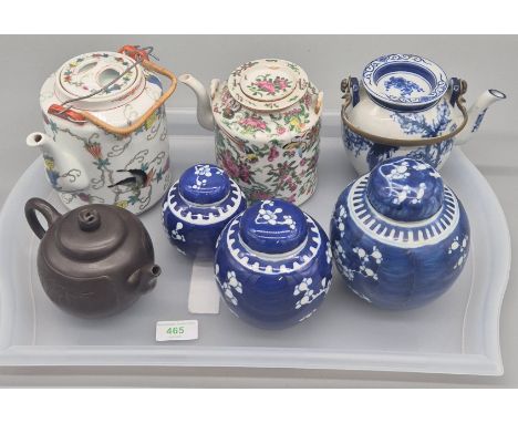 Tray of Chinese Porcelain and ceramics; Famille Rose Tea pots, Chinese Clay Tea pot &amp; Chinese Prunus blossom Blue &amp; w