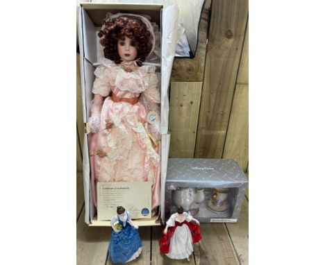 Selection of Collectables; Mrs Potts &amp; Chip, Two Royal Doulton figures &amp; Large Collectors Doll