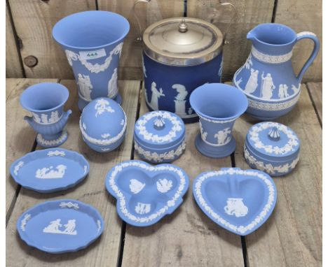 Collection of Wedgewood Jasper wares; Biscuit Barrel with silver plated lid, Jasper ware jug, Vases &amp; pin dishes.