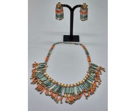 1920's Egyptian Revival bead and coral necklace and matching earrings. 