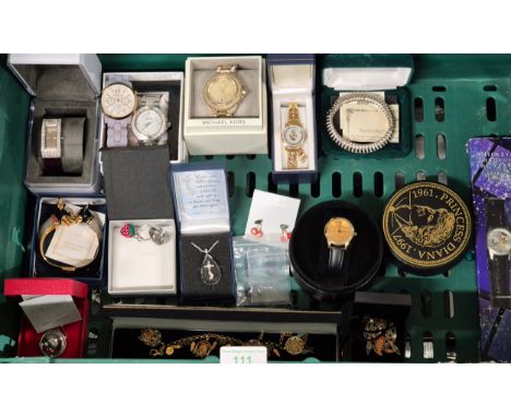 Crate of boxed and some loose jewellery items; DKNY, Henley and Michael Kors watches, Bradford exchange Mickey and Minnie Mou