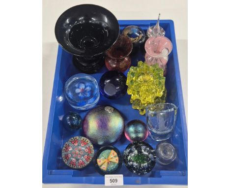 Crate of Art Glass paperweights, Uranium glass dishes &amp; signed vases; Strathearn Glass Vase, Strathearn paperweight, John