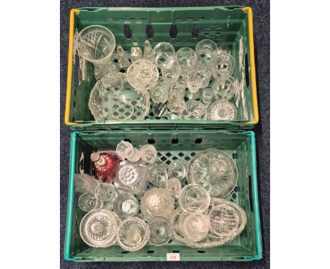 Two crates of crystal and glassware; Edinburgh crystal etched bird design Decanter. Masonic acid etched drinking glass &amp; 