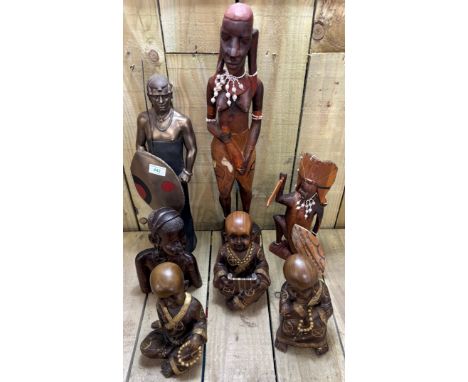 Crate of collectables; Carved wood and resin Maasai Warrior figures &amp; Oriental monks. 