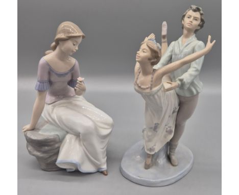 Two Large Spanish Porcelain Nao Figurines; Couple dancing and lady seated. 