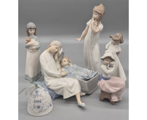 Collection of Six Spanish pottery figurines &amp; bell; Mother with baby in crib, girl sitting with dog, girl standing with d