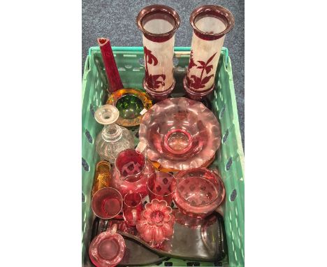 Crate of Victorian Glass wares; Pair of Ruby and clear Glass painted stag scene vases, Cranberry Bowls, Water jugs, Bohemian 