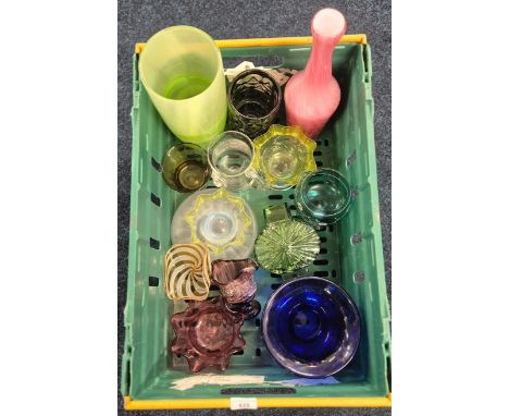 Crate of Art Glass wares; Marcaurel Cobalt Blue Glass vase, White Friars Sunburst green vase, Opalescent bowls and various la