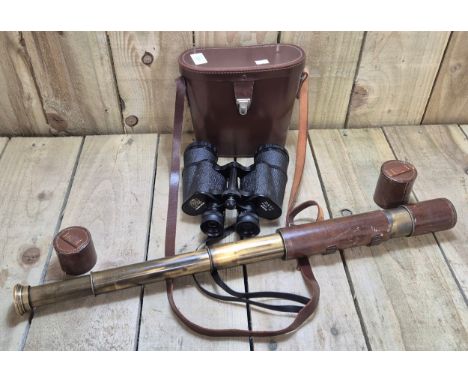 Lizars field binoculars 10x50 and Antique pull scope (25x) with leather casing produced by Broadhurst Clarkson &amp; Co Ltd o