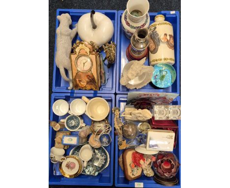 Four Crates of Collectables; large ceramic apple, Bradex ceramic clock, bling lion figure, dragon crystal ball figure and var