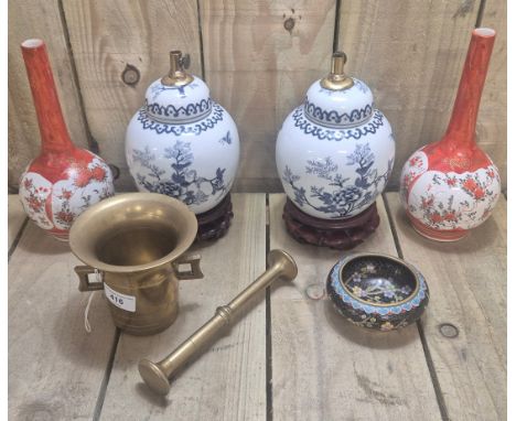 Selection of Asian items; Japanese Kutani ware vases, porcelain lamps, Pestle &amp; Mortar &amp; Cloisonné Dish.
