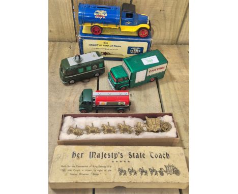 Various loose and boxed models; 1931 Hawkeye Tanker Bank with box, Dinky Castrol van, Dinky BP tanker, Dinky TV Roving eye an