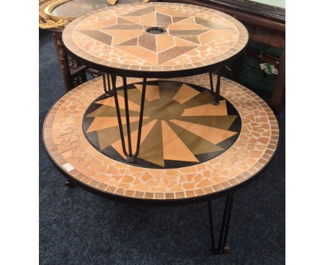 Two outdoor mosaic tile topped side tables. 