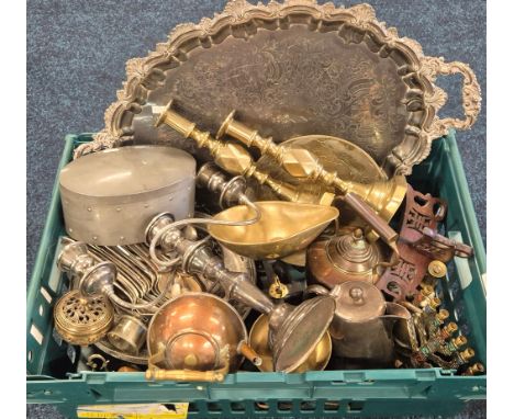 Crate of Silver plated &amp; Brass wares; Large Silver plate serving tray, E.P candelabra, Pewter tea caddy and brass candle 
