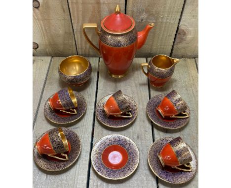 Art deco Carlton Ware Orange Lustre Coffee Service; Coffee pot, Sugar Dish &amp; Cream jug with cups n saucers. 14 pieces.