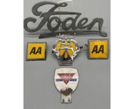 Selection of various car badges; Foden badge, various AA badges and Alvis owners club badge.