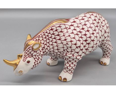 Large Herend style Porcelain Rhino Figurine. Height 15cm. 