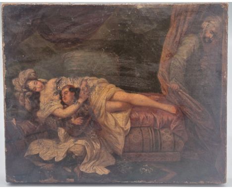18th/ 19th century French Oil painting on canvas depicting Man and women poisoned whilst culprit leaves the scene. Inscribed 